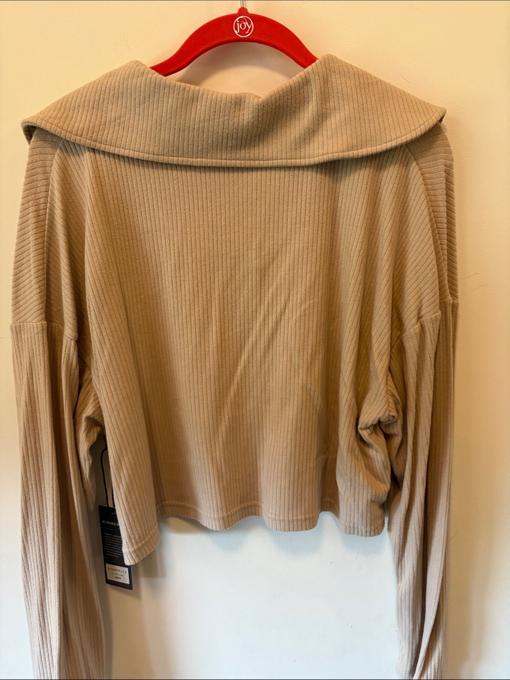 Kimberlye Beige Ribbed Collared V-Neck Cropped Sweatshirt - Picture 4 of 5